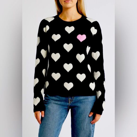 Caslon Heart Jacquard Crewneck Black Sweater Cozy Statement Knit Pullover Luxury - Picture 1 of 8